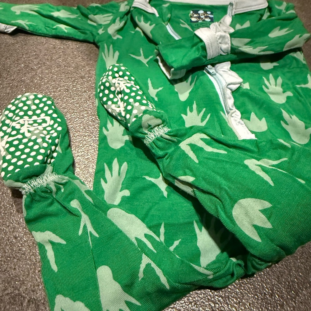 Kickee Pants Footies With Zipper Green Dinosaur Feet With Ruffles